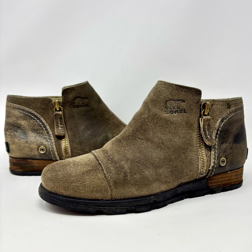 Sorel Major Low Ankle Boots Booties Brown Black Leather Side Zip Women's Size 8